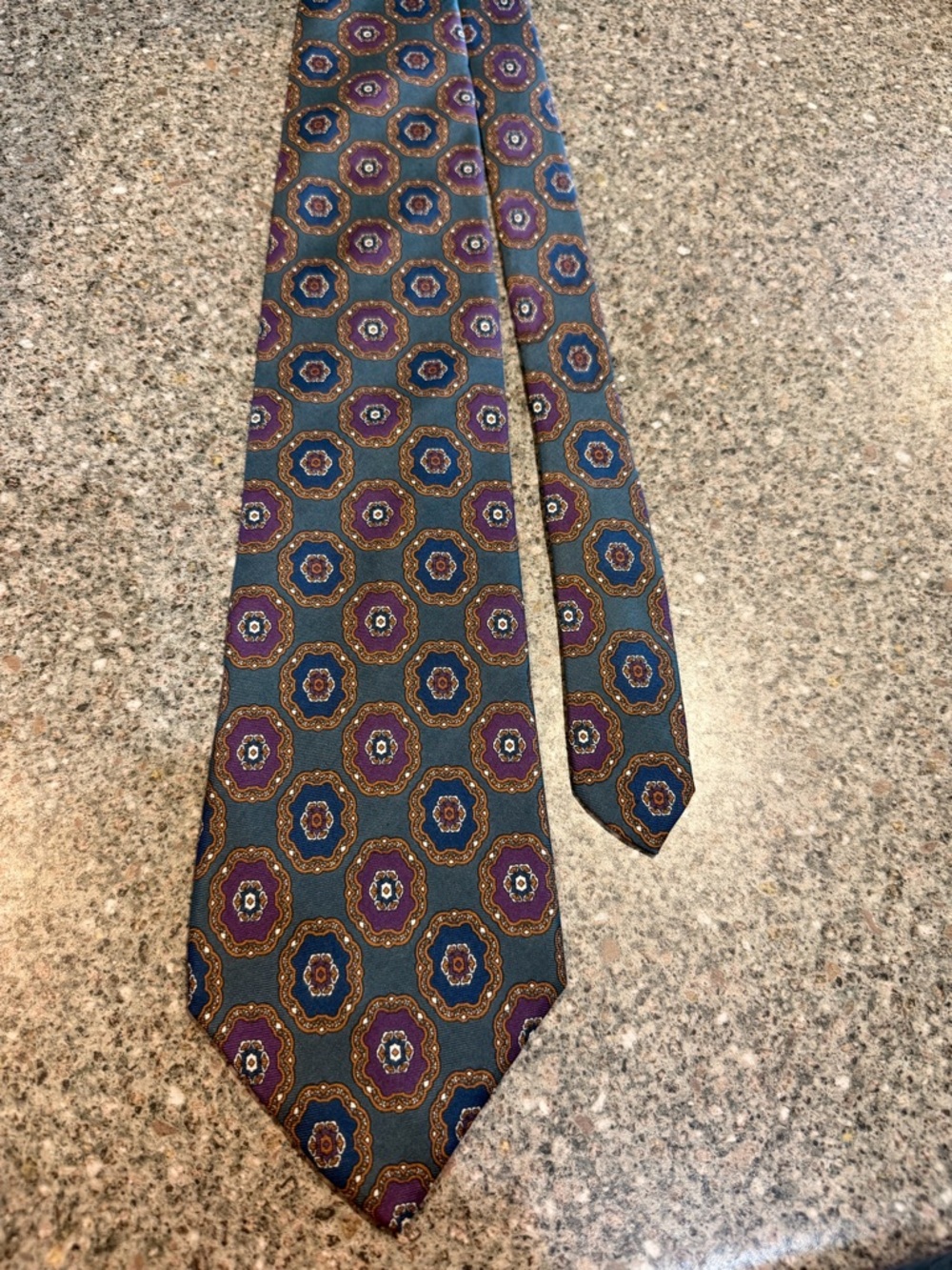 Dior Mens Silk Tie in Teal with Purple and Gold Medallions